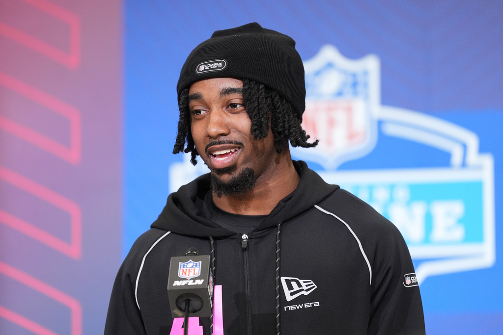 Indiana defensive back Louis Moore answers questions during a press conference at the NFL football scouting combine in Indianapolis, Thursday, Feb. 26, 2026. (AP Photo/Eric Gay)