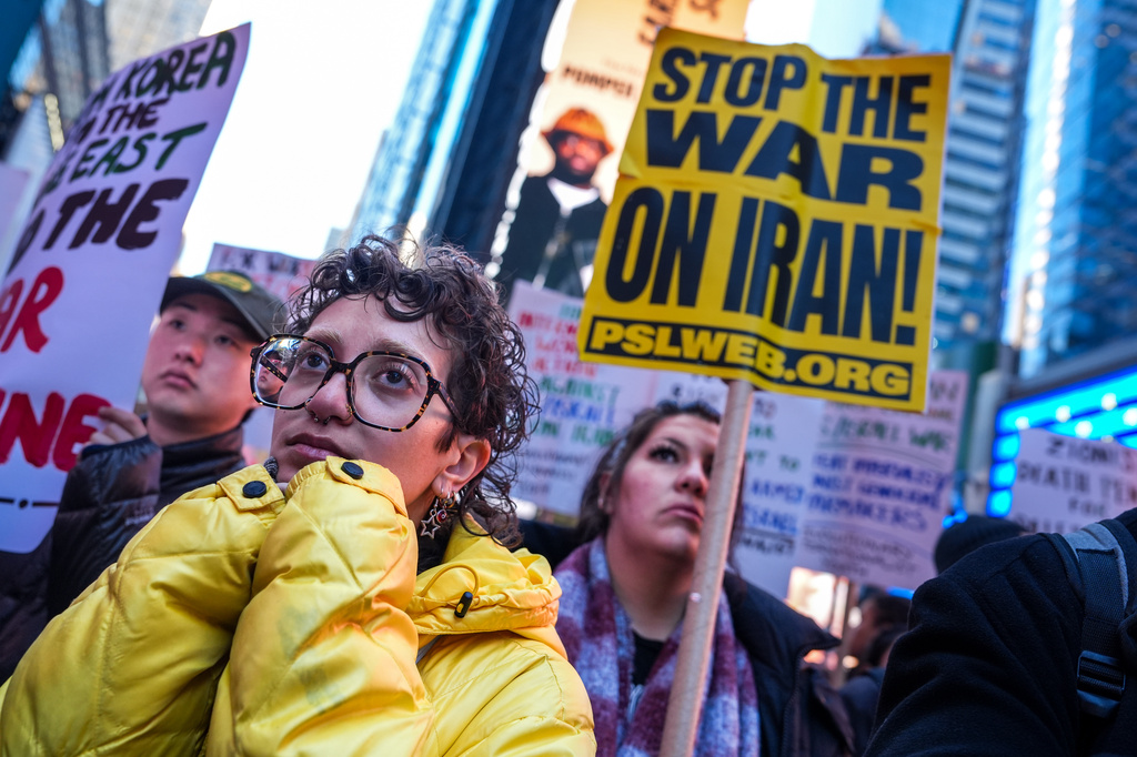 People march while taking part in a protest against the U.S.-Israeli war with Iran, and against conflict in Lebanon, Wednesday, April 8, 2026, in New York. (AP Photo/Ryan Murphy)