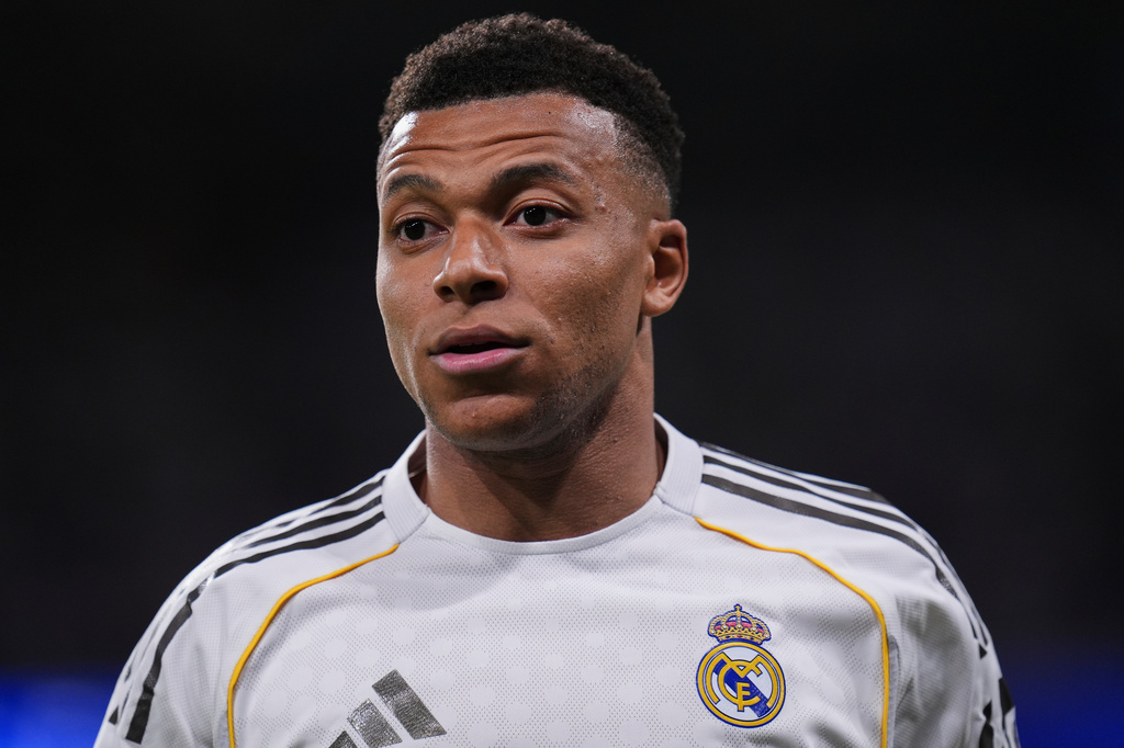 Real Madrid's Kylian Mbappe looks on during a Spanish La Liga soccer match between Real Madrid and Girona in Madrid, Spain, Friday, April 10, 2026. (AP Photo/Manu Fernandez)