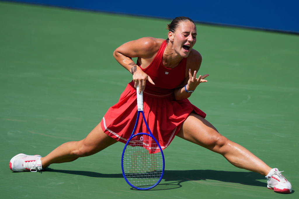 Marta Kostyuk, of Ukraine, reacts during the third round of the U.S. Open tennis championships against Ekaterina Alexandrova, of Russia, Friday, Sept. 4, 2026, in New York. (AP Photo/Yuki Iwamura)