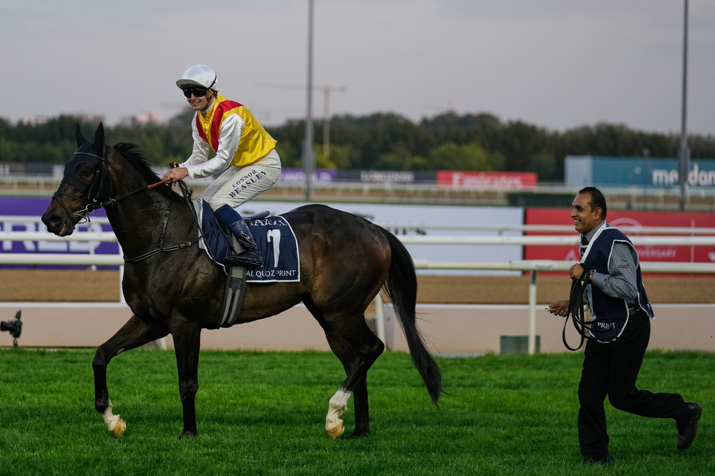 Native Approach with jockey Connor Beasley wins $2 million Al Quoz Sprint over 1200m (5 furlongs) at Meydan Racecourse in Dubai, the United Arab Emirates, Saturday, March 28, 2026. (AP Photo/Altaf Qadri) Correction: race title corrected to 'Al Quoz Sprint' instead of 'Dubai Golden Shaheen'.