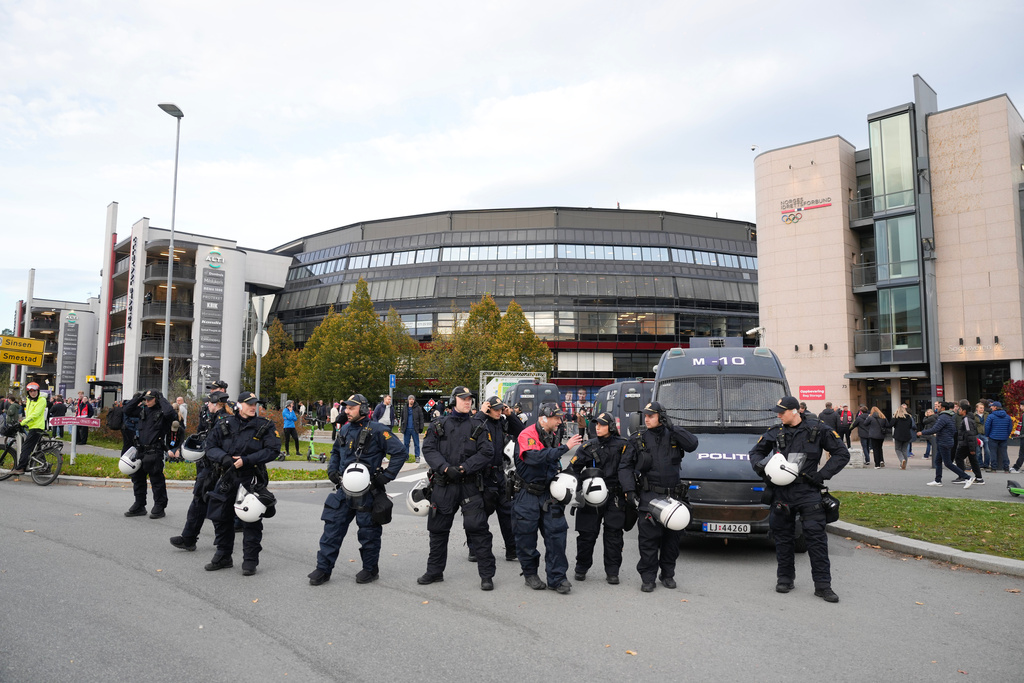 Police outside the Ullevaal Stadium ahead of the World Cup qualifying soccer match between Norway and Israel, in Oslo, Saturday, Oct. 11, 2025. (Javad Parsa/NTB Scanpix via AP)