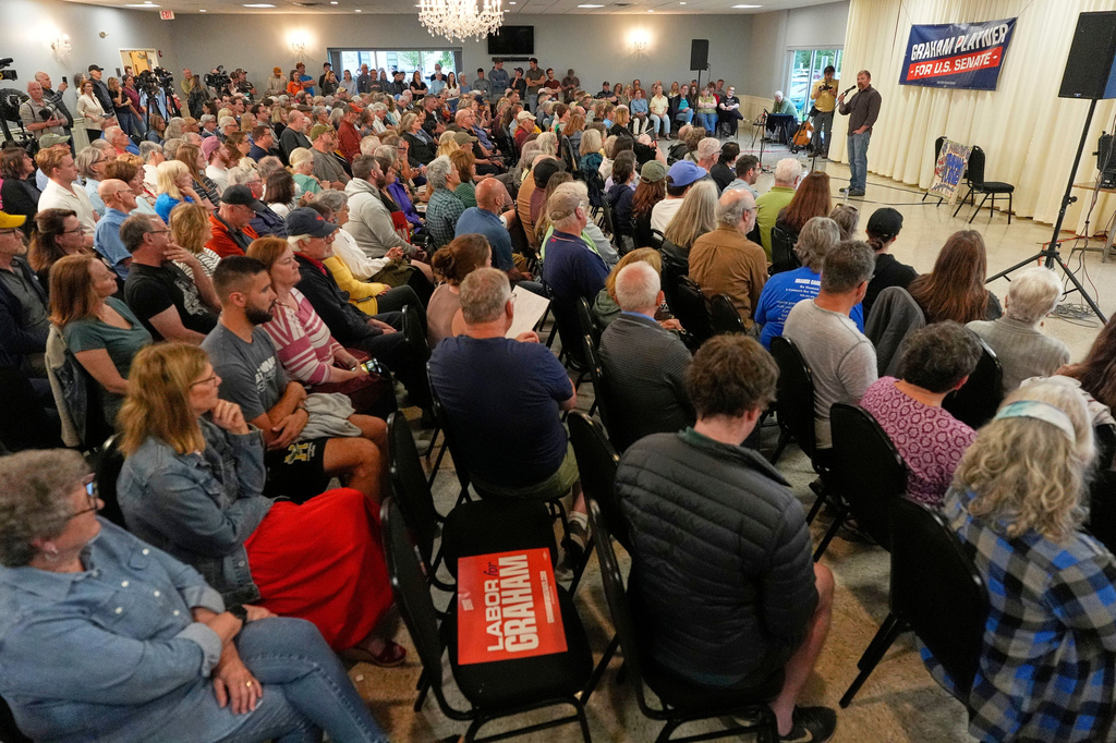 Graham Platner, Democratic candidate for U.S. Senate, speaks at a campaign event Sunday, June 7, 2026, in Portland, Maine. (AP Photo/Robert F. Bukaty)