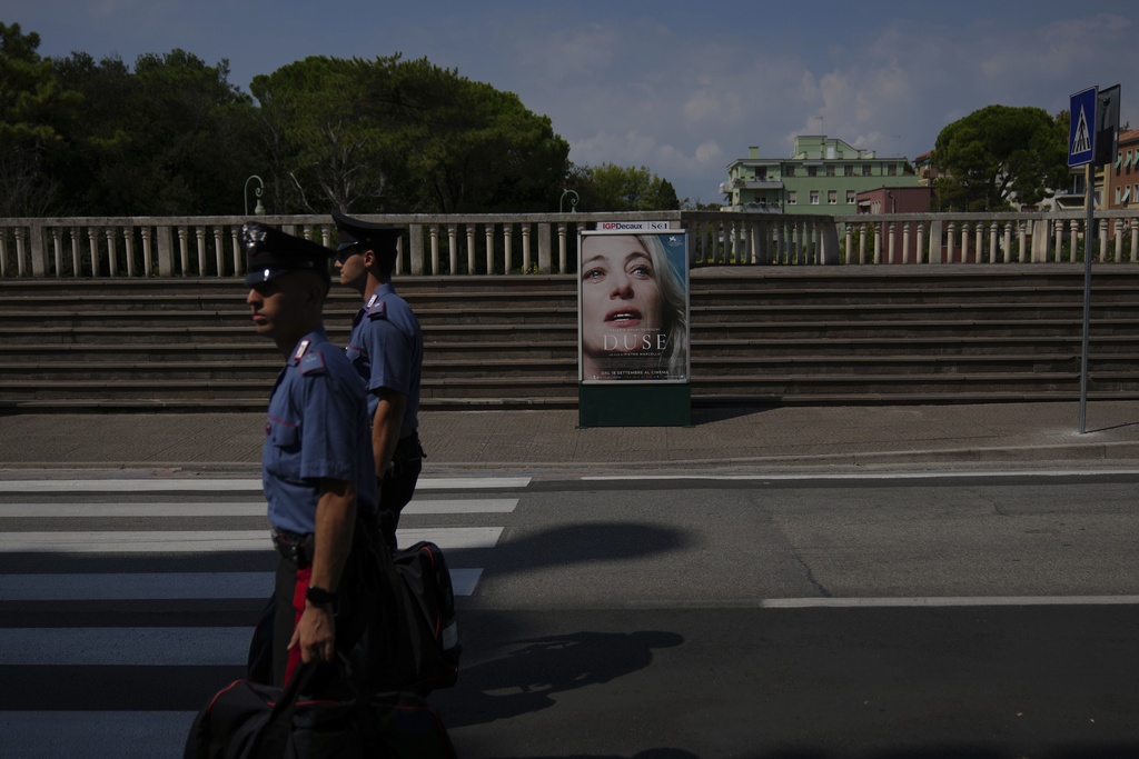A film poster is seen outside the Excelsior hotel ahead of the Venice Film Festival in Venice, Italy, on Tuesday, Aug. 26, 2025. (Photo by Alessandra Tarantino/Invision/AP)