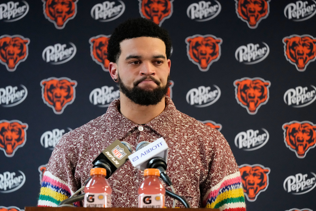 Chicago Bears quarterback Caleb Williams talks to reporters following his team's overtime loss to the Los Angeles Rams during an NFL football divisional playoff game Sunday, Jan. 18, 2026, in Chicago. (AP Photo/Nam Y. Huh)