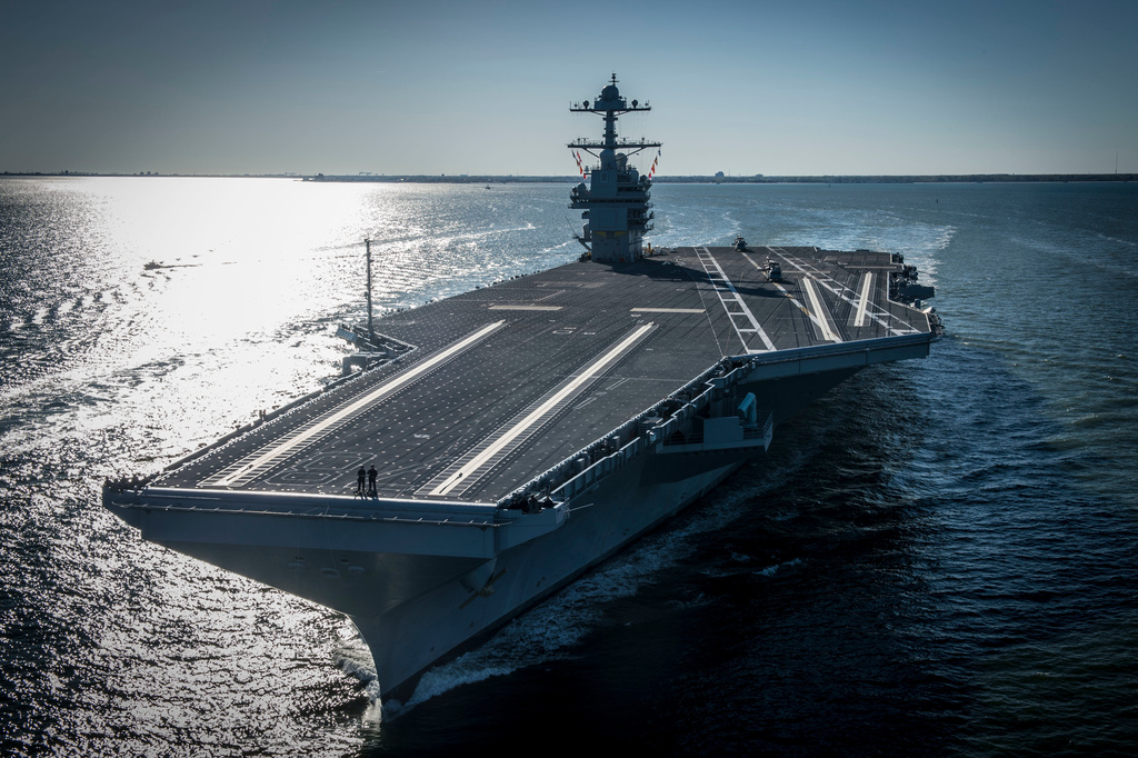 FILE - In this photo provided by the U.S. Navy, the USS Gerald R. Ford embarked on the first of its sea trials to test various state-of-the-art systems on its own power for the first time, April 8, 2017, from Newport News, Va. (Mass Communication Specialist 2nd Class Ridge Leoni/U.S. Navy via AP, File)
