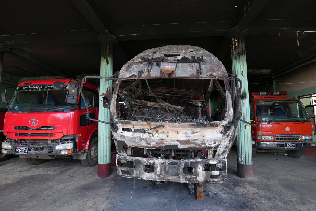 In this photo taken during a trip supervised by pro-military Myanmar media, a damaged fire engine is seen in the Fire Service Department building in Kyaukme, northern Shan State, Myanmar, Friday, Oct. 10, 2025. (AP Photo/Aung Shine Oo)