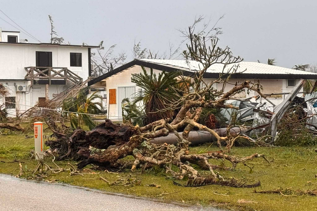 This photo provided by Mathew Masga shows debris caused by a super typhoon, Thursday, April 16, 2026, on Tinian, Northern Mariana Islands. (Mathew Masga via AP)