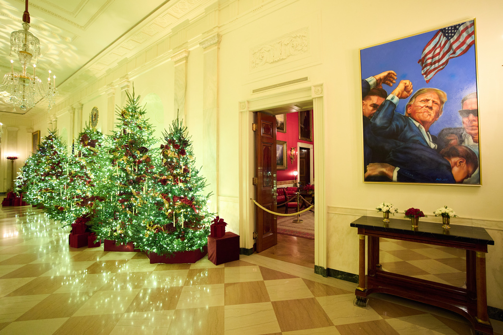 Christmas trees decorate the Cross Hall of the White House during a press preview of the Christmas decorations "Home is Where the Heart Is," Monday, Dec. 1, 2025, in Washington. (AP Photo/Evan Vucci)