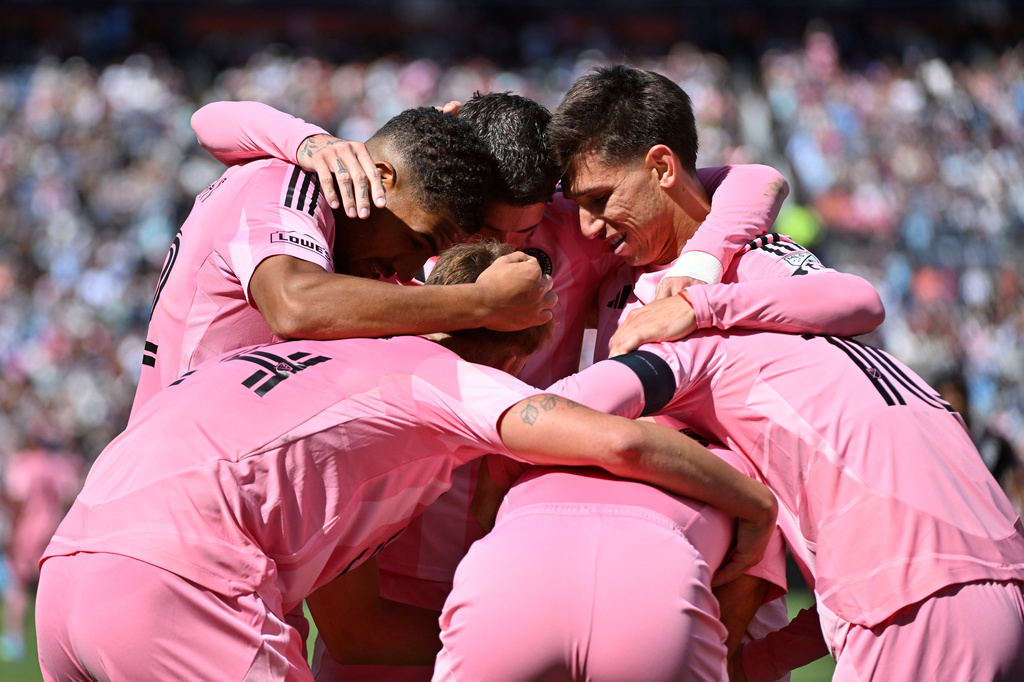 Members of Inter Miami CF celebrate after a goal by forward Germán Berterame in the first half of an MLS soccer game against the Colorado Rapids Saturday, April 18, 2026, in Denver. (AP Photo/Geneva Heffernan)