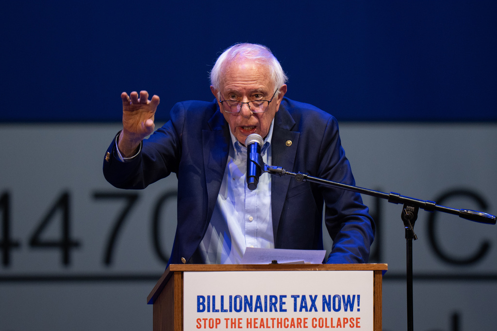 Sen. Bernie Sanders, I-Vt., speaks at a campaign event for a proposed "billionaires tax," in Los Angeles, Wednesday, Feb. 18, 2026. (AP Photo/Jae C. Hong)