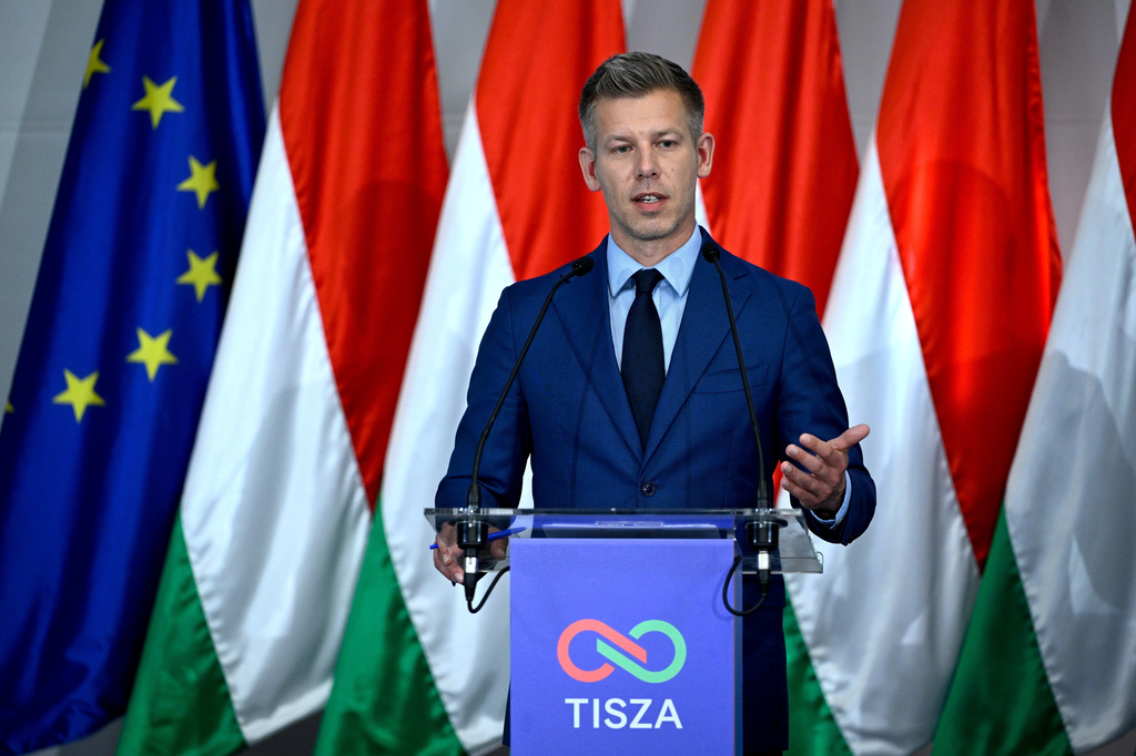 Tisza Party head and prospective prime minister Peter Magyar attends a press conference during the first meeting of the future faction in Budapest, Hungary, Monday, April 20, 2026. (Robert Hegedus/MTI via AP)