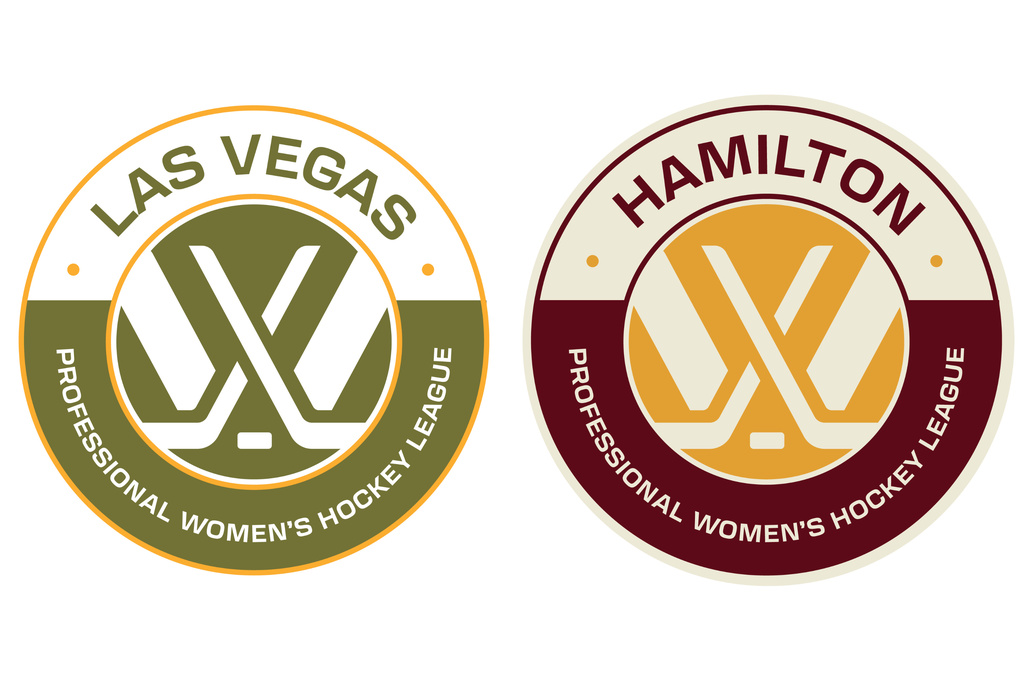 This combo of images provided by the PWHL shows the badges for the league's new women's hockey teams in Las Vegas and Hamilton, Ontario. (PWHL via AP)