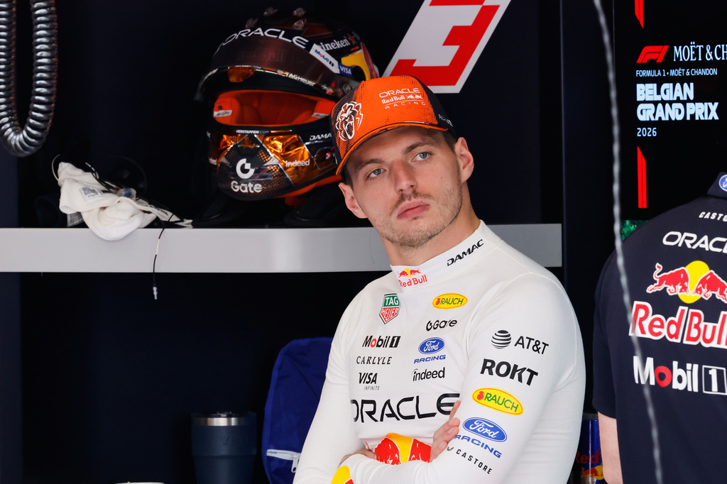Red Bull driver Max Verstappen of the Netherlands in his team garage during the first practice session ahead of the Formula One Grand Prix at the Spa-Francorchamps racetrack in Spa, Belgium, Friday, July 17, 2026. (AP Photo/Geert Vanden Wijngaert)