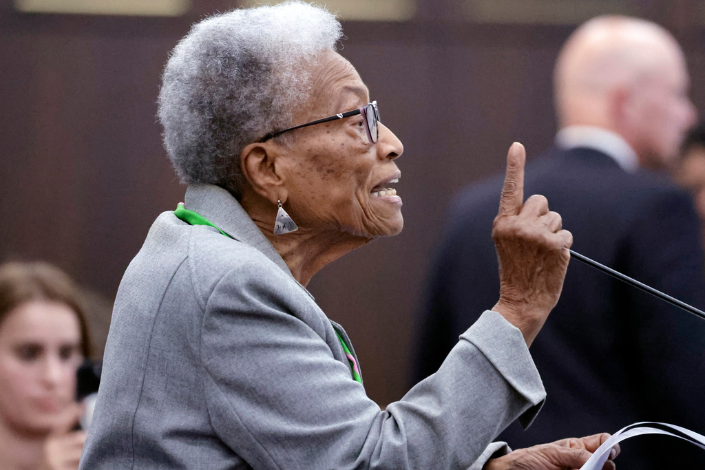Former U.S. Representative Eva Clayton speaks during the public hearing portion of a House Redistricting Committee meeting Tuesday, Oct. 21, 2025, in Raleigh, N.C. (AP Photo/Chris Seward)
