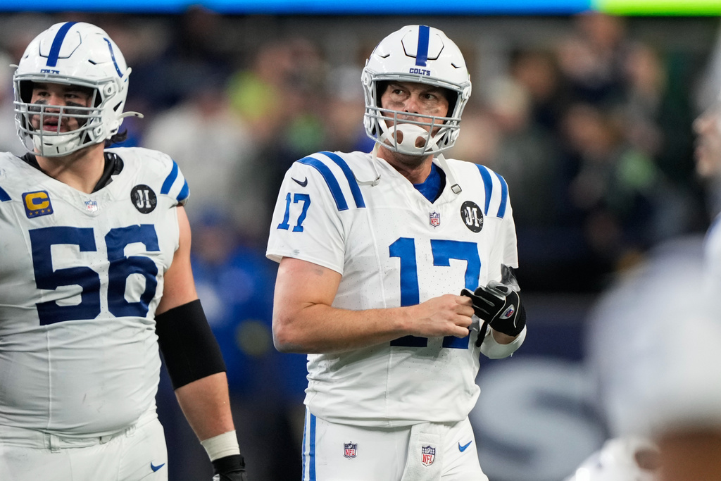Indianapolis Colts quarterback Philip Rivers (17) reacts after throwing an interception during the second half of an NFL football game against the Seattle Seahawks, Sunday, Dec. 14, 2025, in Seattle. (AP Photo/Stephen Brashear)