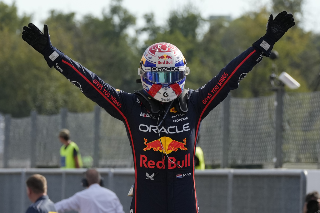 Red Bull driver Max Verstappen of the Netherlands celebrates after winning the Italian Grand Prix race at the Monza racetrack in Monza, Italy, Sunday, Sept. 7, 2025. (AP Photo/Luca Bruno)