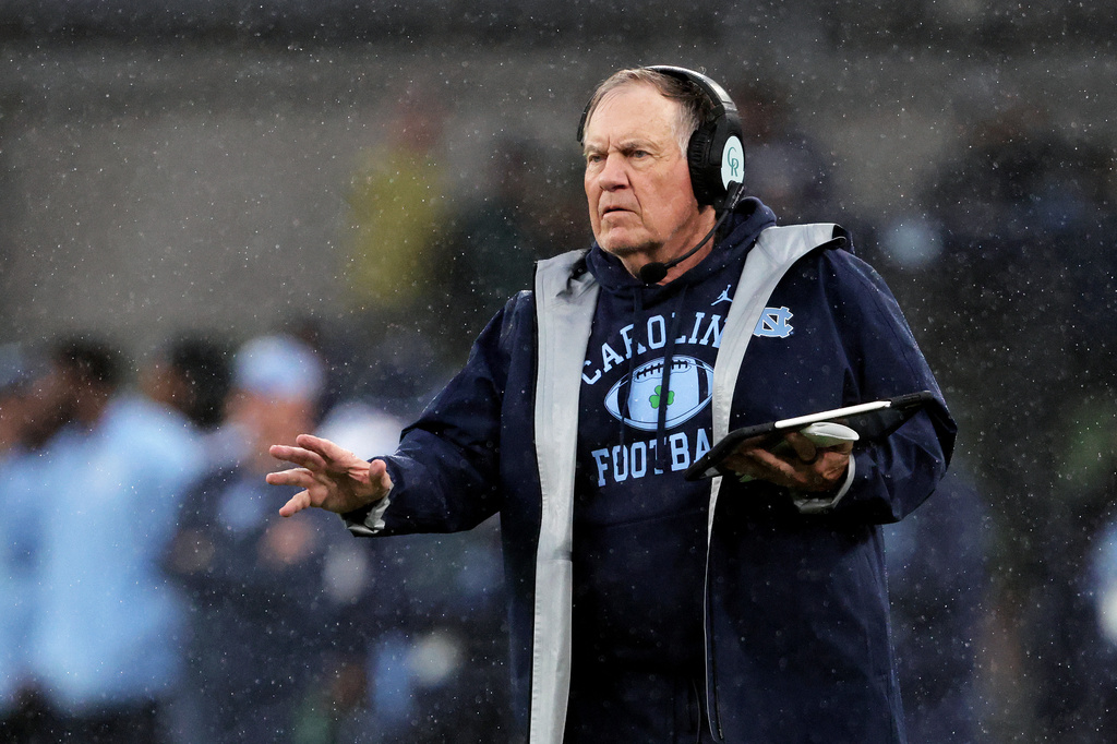 North Carolina head coach Bill Belichick reacts on the sideline during an NCAA college football game against TCU in Dublin, Ireland, Saturday, Aug. 29, 2026. (AP Photo/Peter Morrison)