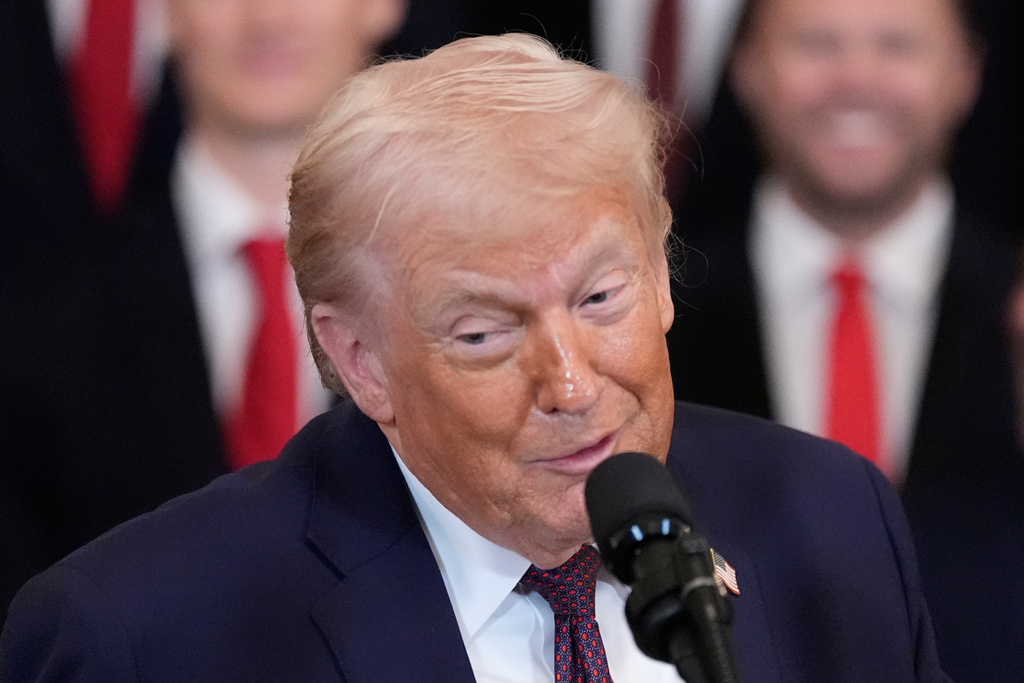 President Donald Trump speaks during an event to honor the 2025 Stanley Cup Champion Florida Panthers in the East Room of the White House, Thursday, Jan. 15, 2026, in Washington. (AP Photo/Alex Brandon)