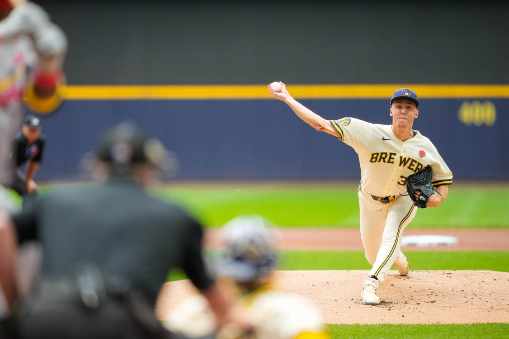 Milwaukee Brewers pitcher Jacob Misiorowski throws during the first inning of a baseball game against the St. Louis Cardinals Monday, May 25, 2026, in Milwaukee. (AP Photo/Kayla Wolf)