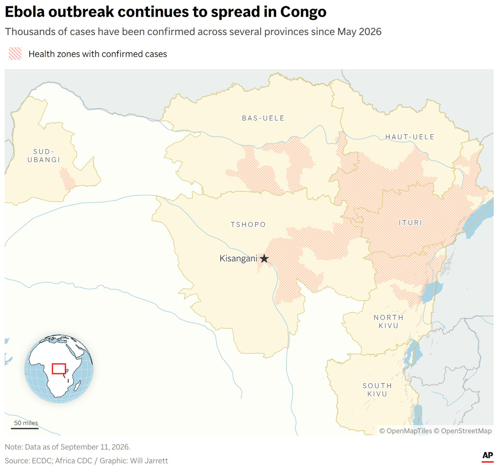 A map showing health zones in Congo with confirmed Ebola cases. (AP Digital Embed)
