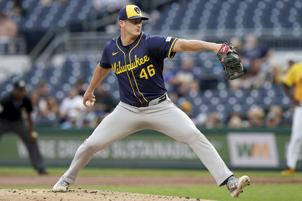 Milwaukee Brewers pitcher Quinn Priester delivers during the first inning of a baseball game against the Pittsburgh Pirates, Friday, Sept. 5, 2025, in Pittsburgh. (AP Photo/Matt Freed)
