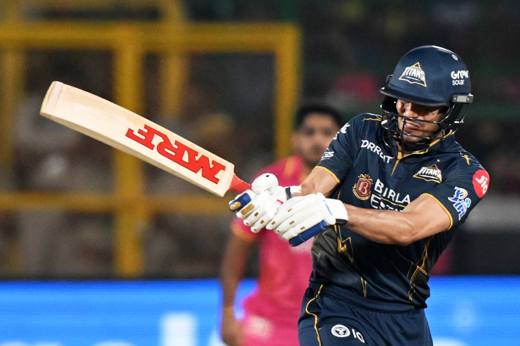 Gujarat Titans' captain Shubman Gill plays a shot during the Indian Premier League cricket match between Rajasthan Royals and Gujarat Titans in Jaipur, India, Saturday, May 9, 2026. (AP Photo/ Str)
