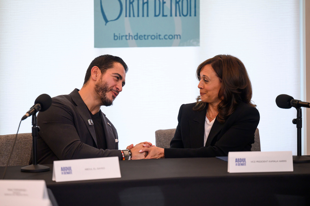 Senatorial candidate Dr. Abdul El-Sayed, left, and former Vice-President Kamala Harris participate in a roundtable discussion about reproductive health at Birth Detroit, in Detroit, Tuesday, Sept. 22, 2026. (David Guralnick/Detroit News via AP, Pool)