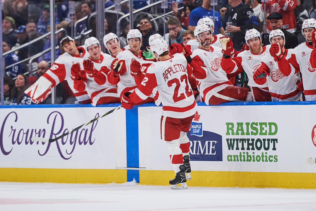 Detroit Red Wings' Mason Appleton (22) celebrates after his winning goal against the Toronto Maple Leafs in an NHL hockey game in Toronto, Monday, Oct. 13, 2025. (Sammy Kogan/The Canadian Press via AP)