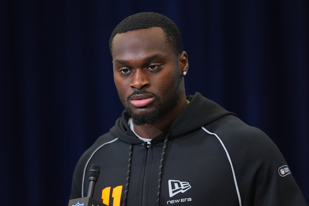 Notre Dame running back Jeremiyah Love speaks during a news conference at the NFL football scouting combine in Indianapolis, Friday, Feb. 27, 2026. (AP Photo/Julio Cortez)