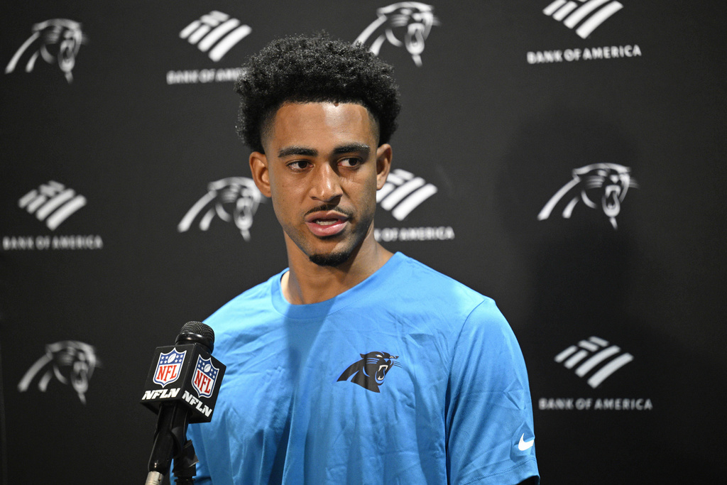 Carolina Panthers quarterback Bryce Young speaks at a news conference after NFL football game against the Jacksonville Jaguars, Sunday, Sept. 7, 2025, in Jacksonville, Fla. (AP Photo/Phelan M. Ebenhack)