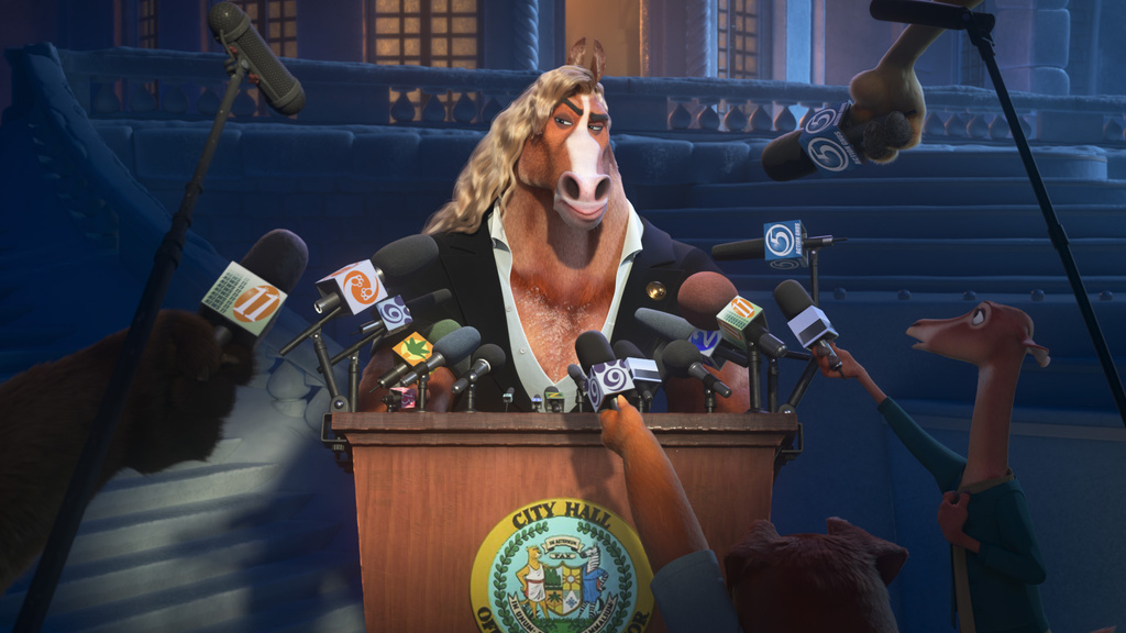 This image released by Disney shows Mayor Winddancer, voiced by Patrick Warburton, in a scene from "Zootopia 2." (Disney via AP)