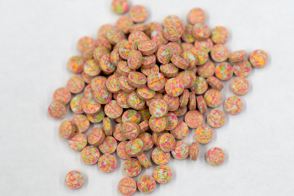 FILE - Fentanyl pills are displayed at a Drug Enforcement Administration research laboratory on Tuesday, April 29, 2025, in Northern Virginia. (AP Photo/Mark Schiefelbein, file)