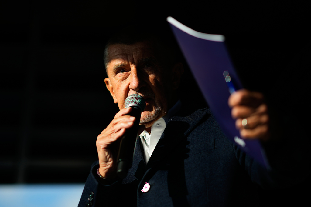 Chairman of opposition "ANO" (YES) movement Andrej Babis talks to his supporters during a rally ahead of Parliamentary elections in Prague, Czech Republic, Sept. 30, 2025. (AP Photo/Petr David Josek)