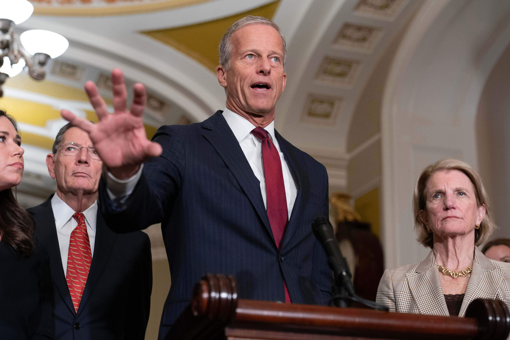 Senate Majority Leader John Thune, R-S.D., speaks to reporters after a weekly Republican policy luncheon, at the Capitol in Washington, Tuesday, March 10, 2026. (AP Photo/Jose Luis Magana)