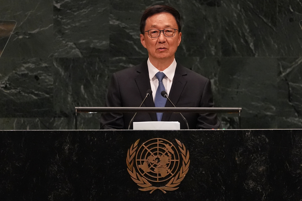 Chinese Vice President Han Zheng speaks during the 81st session of the United Nations General Assembly at United Nations headquarters, Saturday, Sept. 26, 2026. (AP Photo/Heather Khalifa)