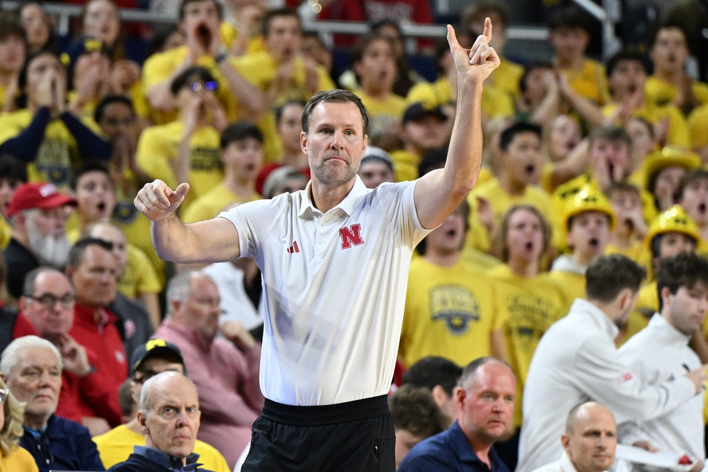 Nebraska head coach Fred Hoiberg directs his team against Michigan from in front of the bench in the first half of an NCAA college basketball game in Ann Arbor, Mich., Tuesday, Jan. 27, 2026. (AP Photo/Lon Horwedel)