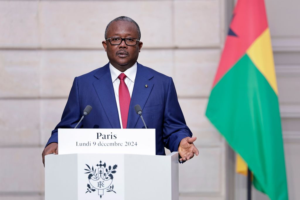 FILE - Guinea-Bissau's President Umaro Sissoco Embalo speaks during a joint press conference with French president at the Elysee Presidential Palace in Paris Monday Dec. 9, 2024. (Stephane de Sakutin, Pool via AP, File)