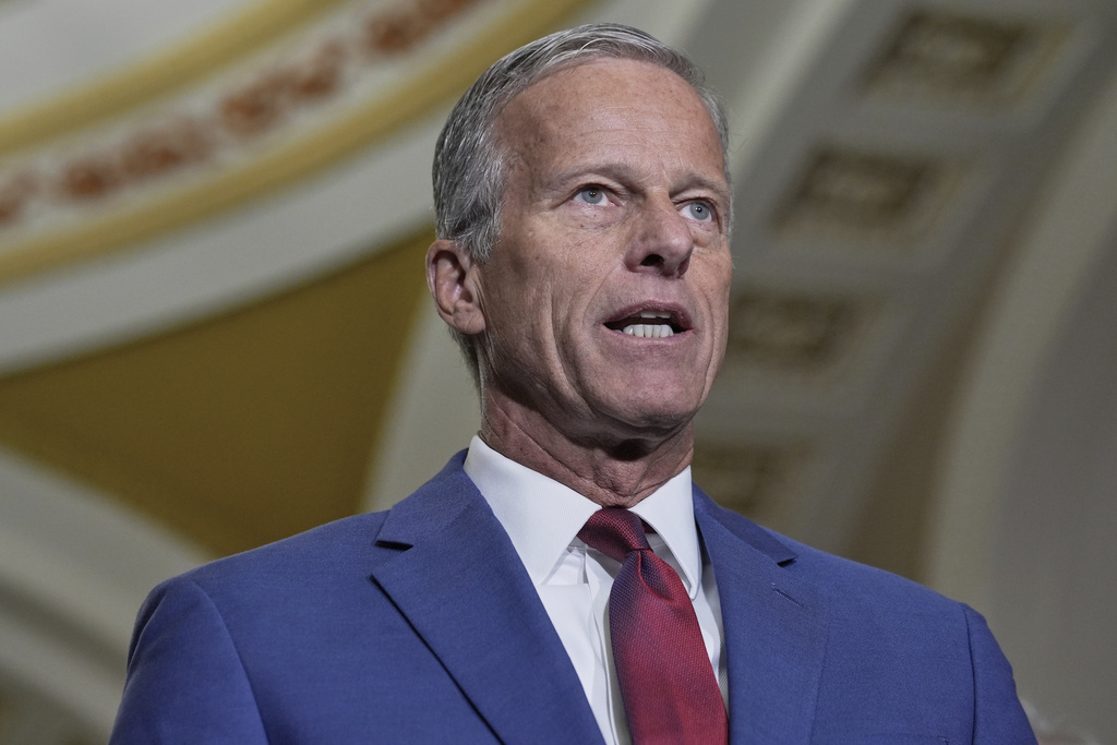 Sen. Majority Leader John Thune, R-S.D., speaks during a news conference after a policy luncheon at the Capitol, Tuesday, Sept. 16, 2025, in Washington. (AP Photo/Mariam Zuhaib)