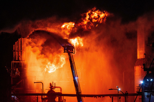 Flames rise from the Chevron refinery in El Segundo, Calif., Thursday, Oct. 2, 2025. (AP Photo/Ethan Swope) Flames rise from the Chevron refinery in El Segundo, Calif., Thursday, Oct. 2, 2025. (AP Photo/Ethan Swope)