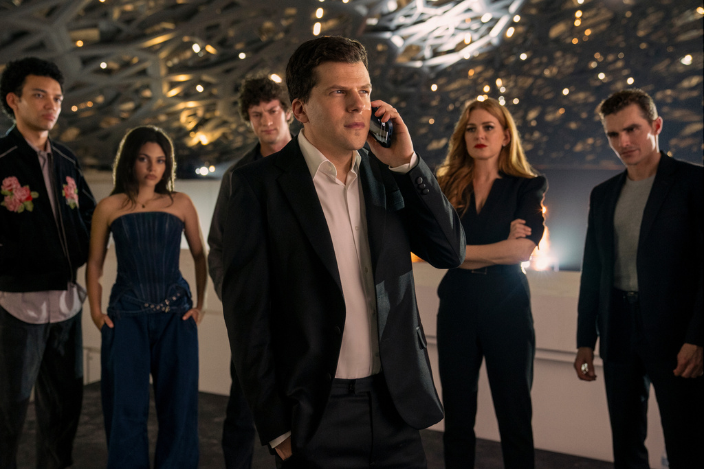 This image released by Lionsgate shows, from left, Justice Smith, Ariana Greenblatt, Dominic Sessa, Jesse Eisenberg, Isla Fisher and Dave Franco in a scene from "Now You See Me: Now You Don't." (Katalin Vermes/Lionsgate via AP)