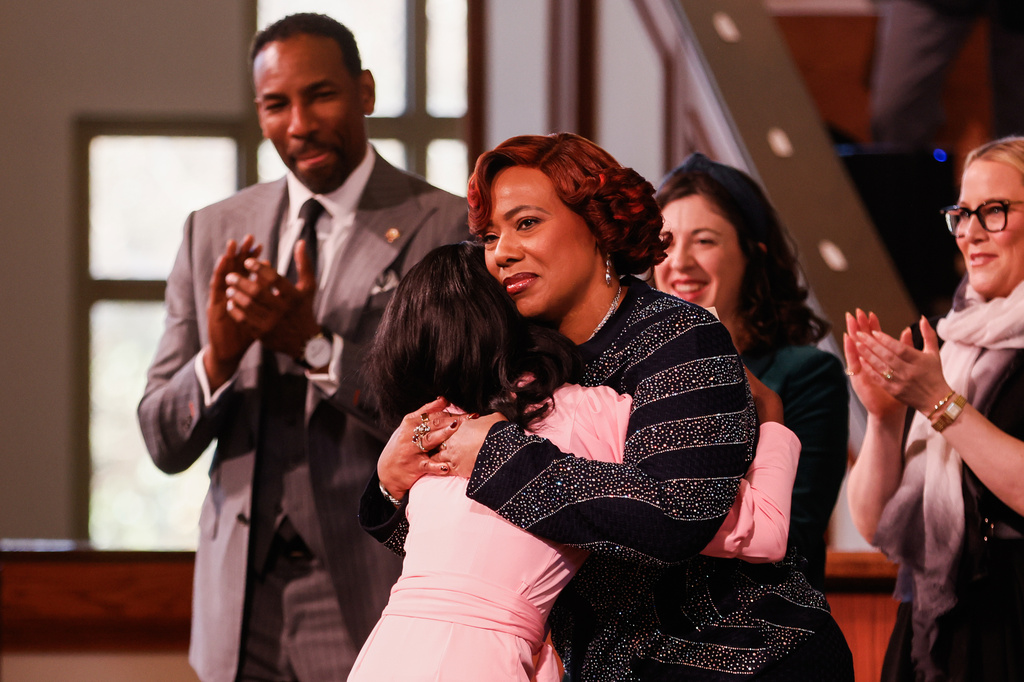 FILE - Bernice A. King, facing forward, hugs Siara White after her tribute to Coretta Scott King during the Martin Luther King Jr. Beloved Community Commemorative Service at Ebenezer Baptist Church in Atlanta, Jan. 19, 2026. (Abbey Cutrer/Atlanta Journal-Constitution via AP, File)
