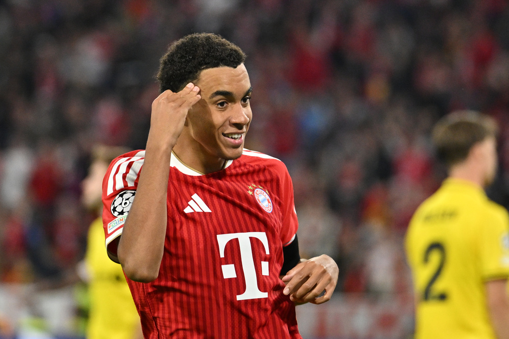 Bayern's Jamal Musiala celebrates after scoring the opening goal during the Champions League opening phase soccer match between Bayern Munich and Bodo Glimt in Munich, Germany, Thursday, Sept. 10, 2026. (AP Photo/Lennart Preiss)