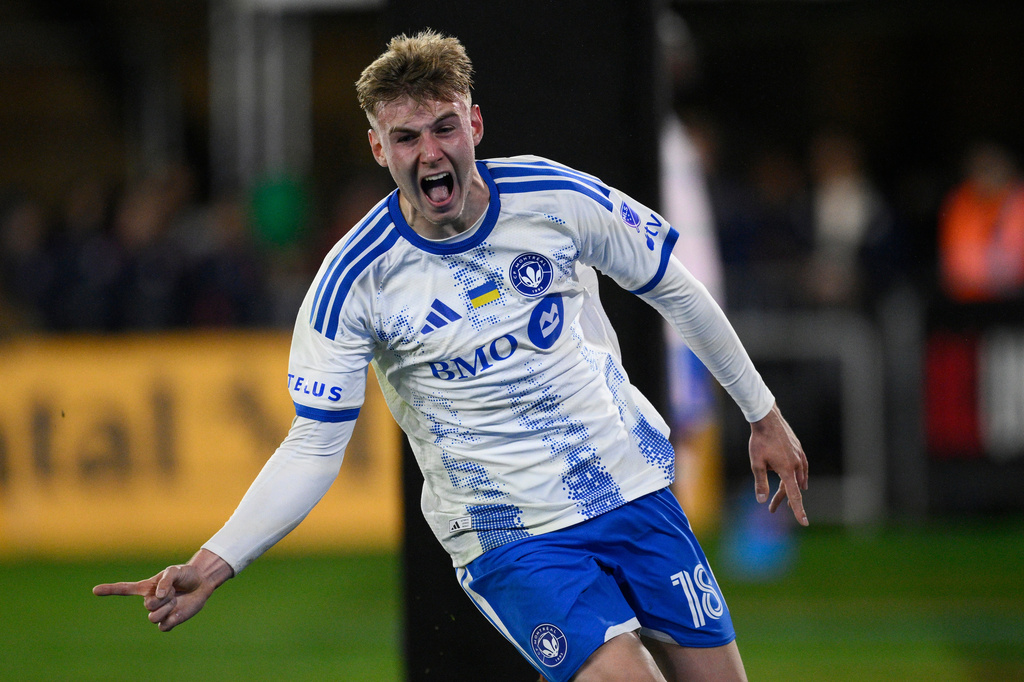 CF Montreal midfielder Hennadii Synchuk celebrates his goal during the second half of an MLS soccer match against D.C. United, Saturday, May 23, 2026, in Washington. (AP Photo/Nick Wass)