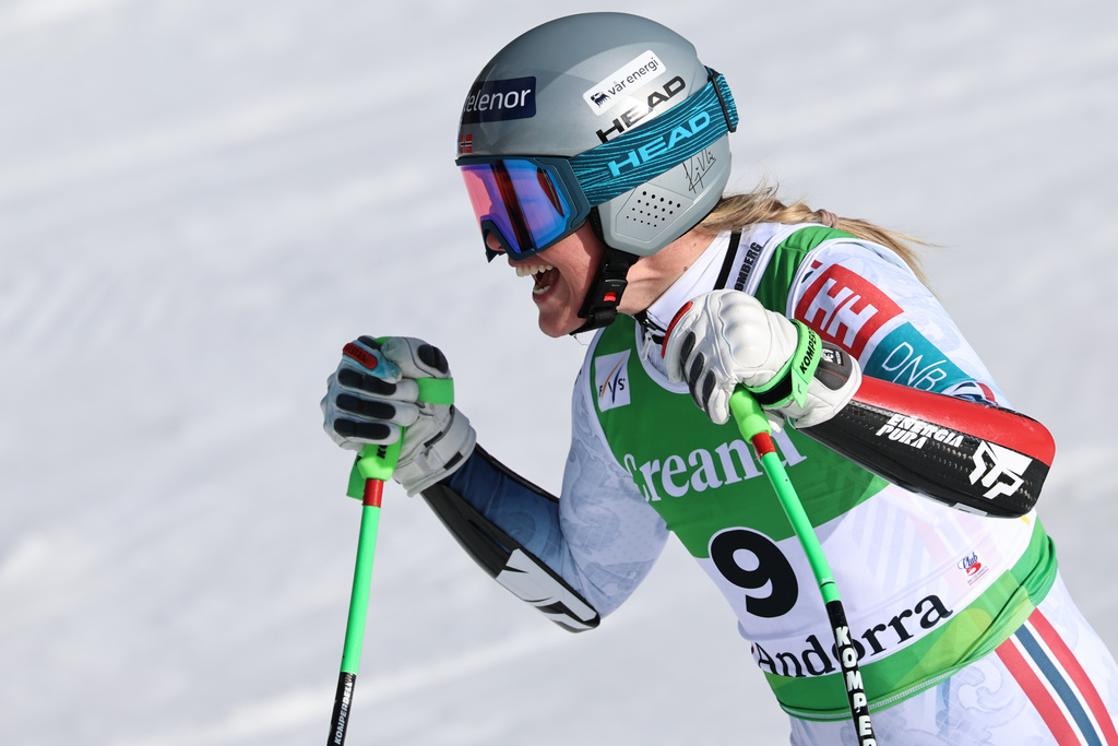 Norway's Kajsa Vickhoff Lie at the finish area, during a women's World Cup super-G race, in Soldeu, Andorra, Sunday, March 1, 2026. (AP Photo/Marco Trovati)