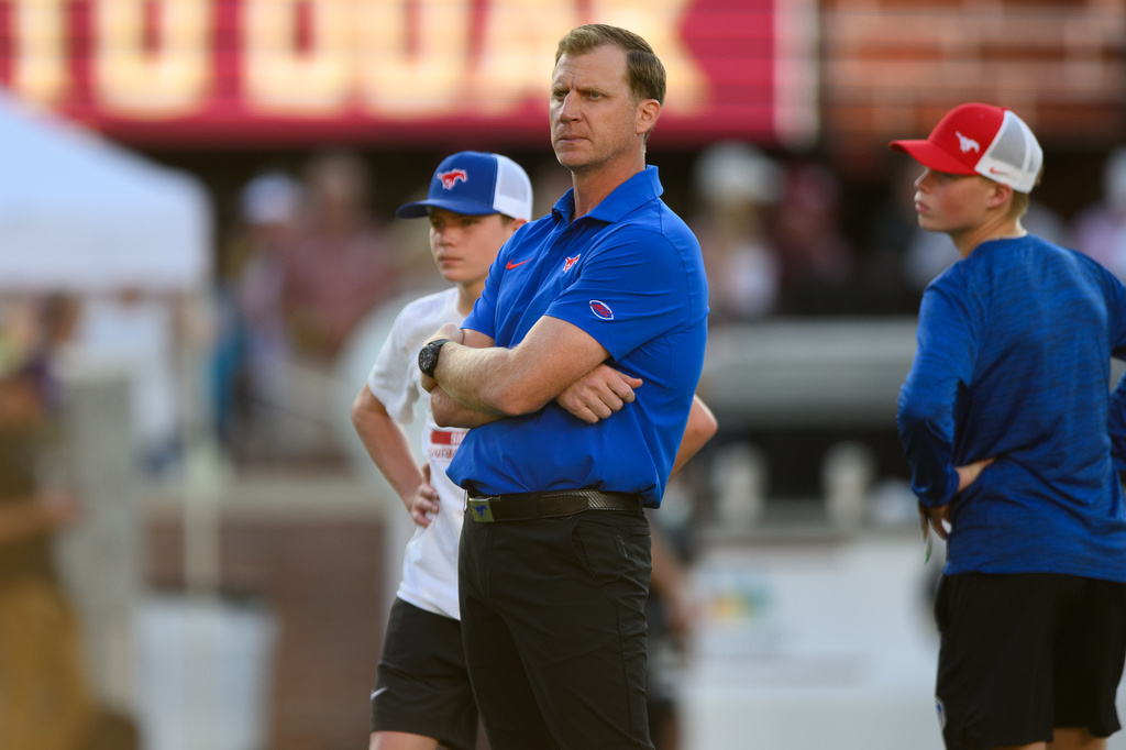 SMU head coach Rhett Lashlee watches his team during warmups Monday, Sept. 7, 2026, in Tallahassee, Fla. (AP Photo/Noah Lantor)