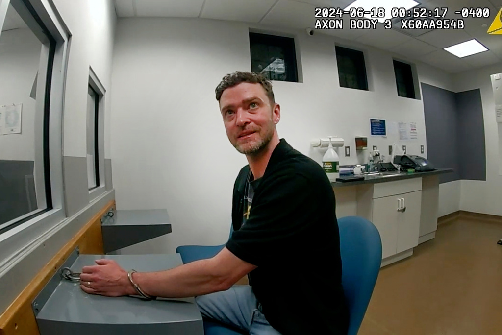 This police body cam still image provided by the Sag Harbor Police Department shows Justin Timberlake after his arrest by police in Sag Harbor, N.Y. on June 18, 2024. (Sag Harbor Police Department via AP)