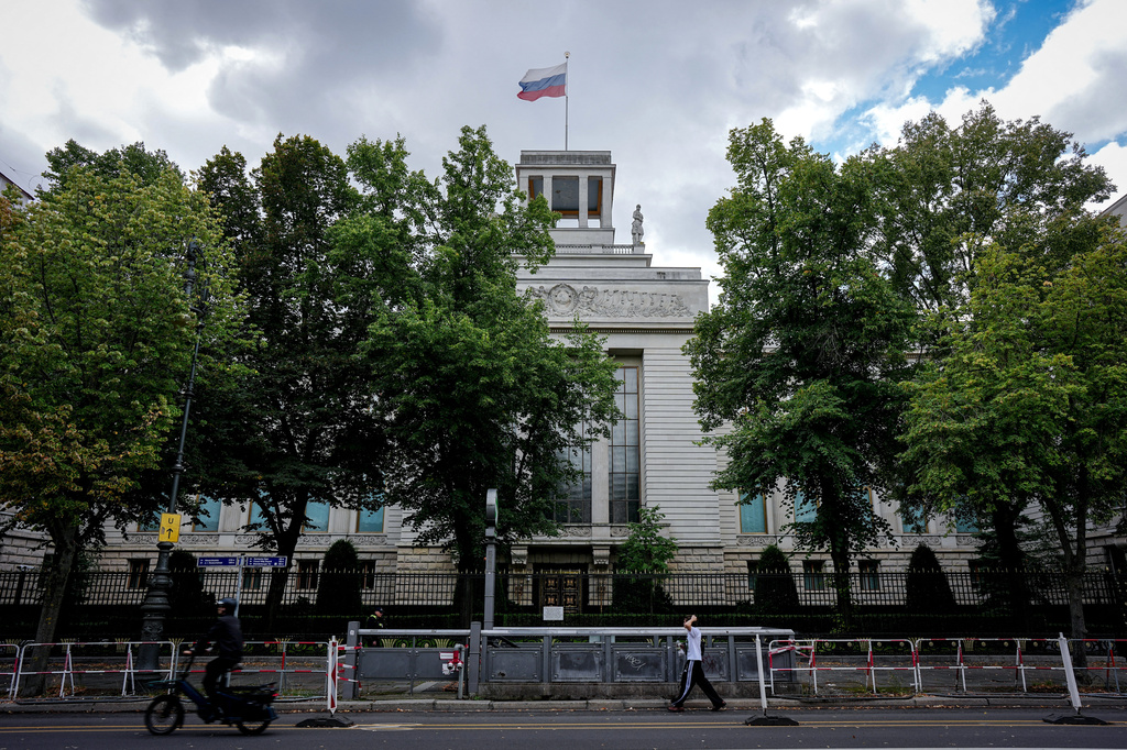 The Russian flag flies on the roof of the Russian Embassy in Berlin, Germany, Tuesday, Sept. 1, 2026. (Kay Nietfeld/dpa via AP)