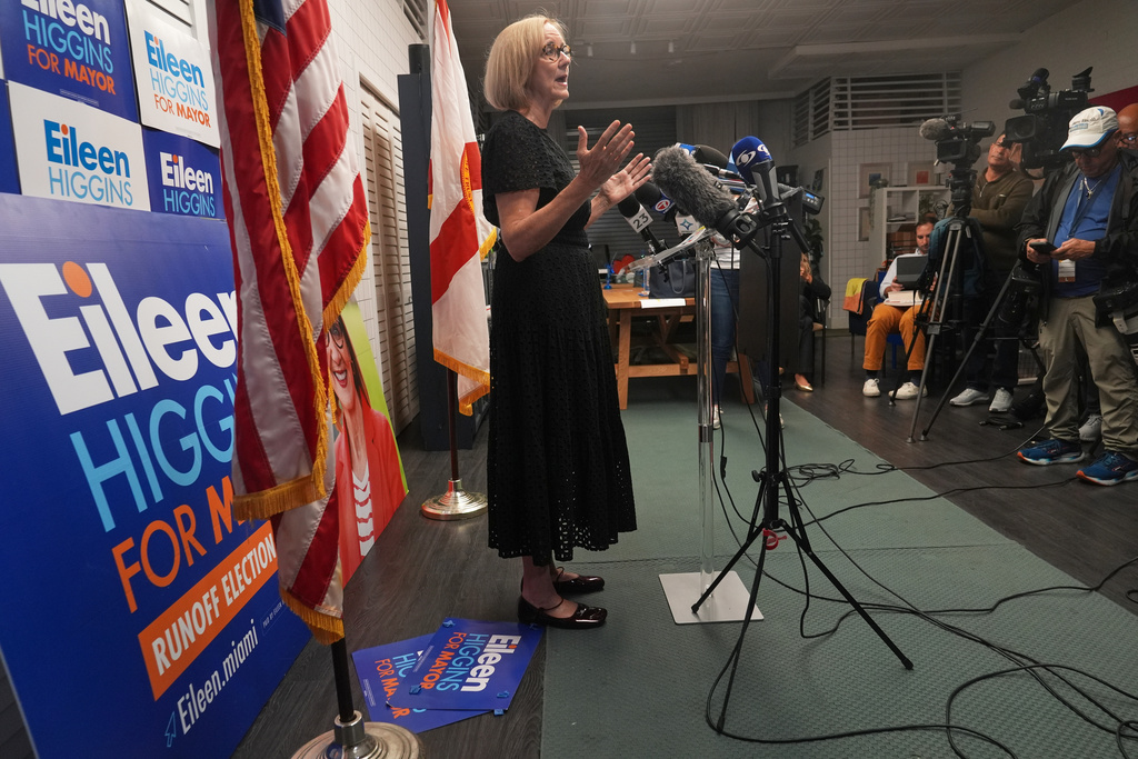 Miami mayor- elect Eileen Higgins speaks at her campaign headquarters Wednesday, Dec. 10, 2025, in Miami. (AP Photo/Marta Lavandier)
