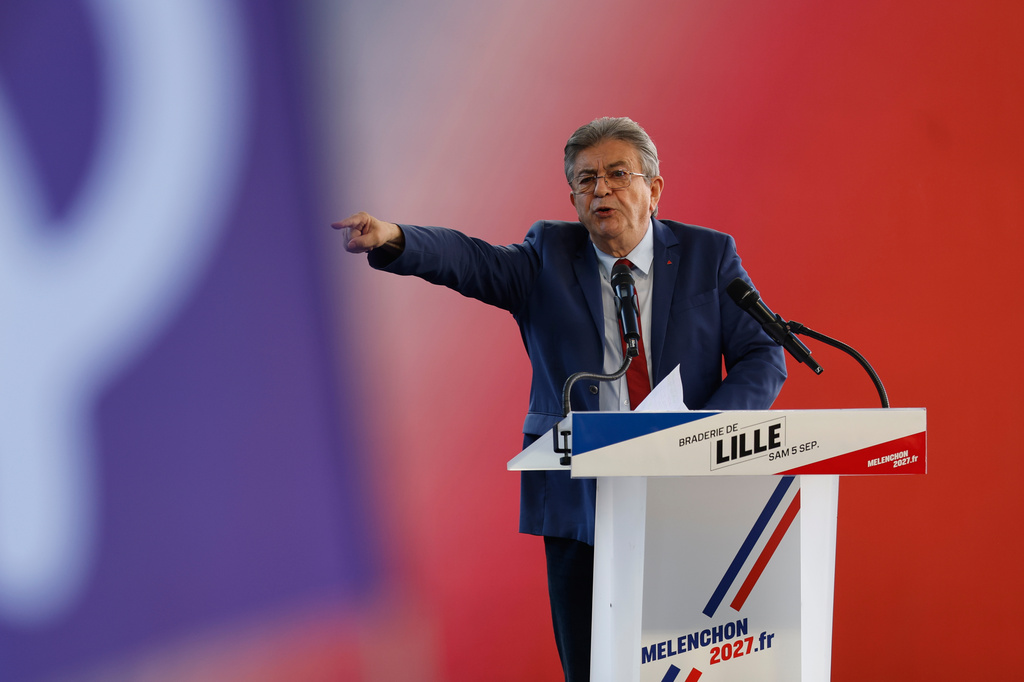 FILE - French far-left leader Jean-Luc Melenchon, candidate at the presidential election gives a speech during the annual Braderie in Lille, northern France, Saturday, Sept. 5, 2026. (AP Photo/Jean-Francois Badias, file)